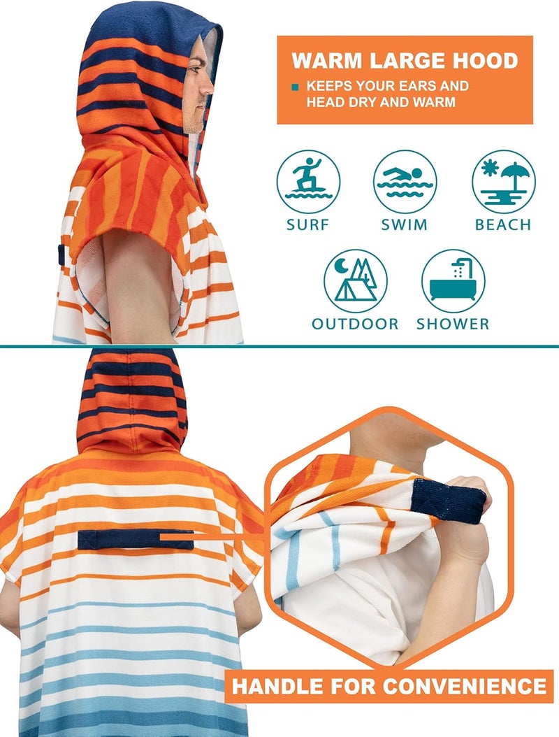 Suncube SUN CUBE Surf Poncho Changing Robe with Hood, Thick Quick Dry Microfiber Wetsuit Changing Towel for Surfing Beach Swim Outdoor Sports Men, Absorbent Wearable Towel Cover Up, Orange Blue Stripe - Image 4