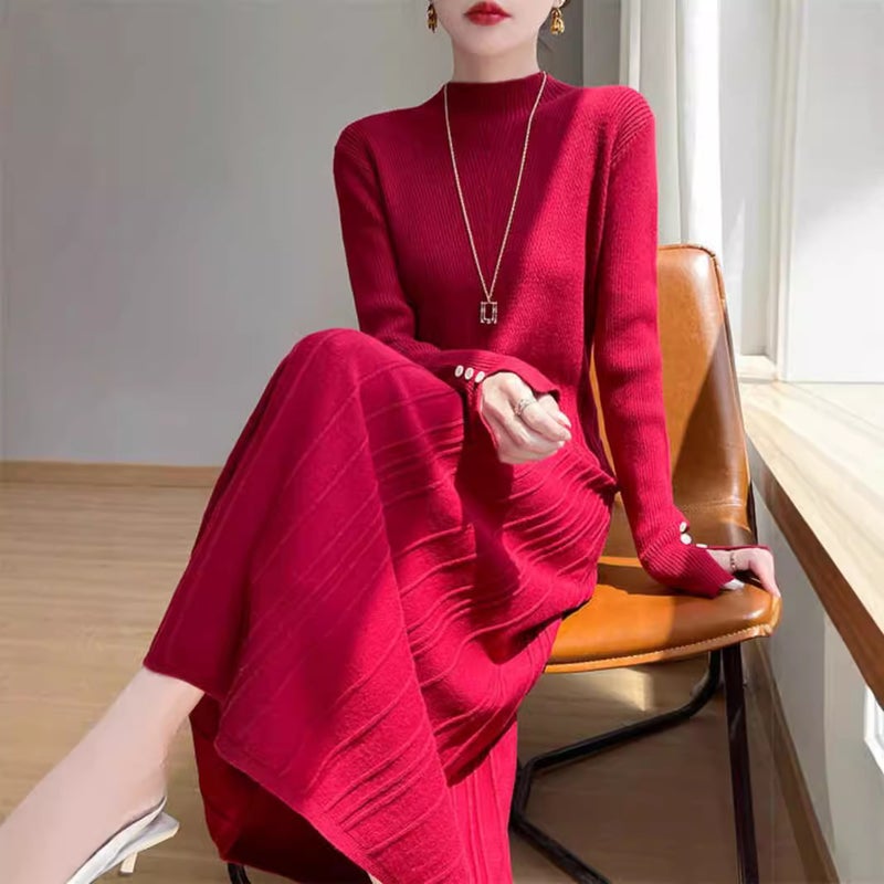 Autumn and Winter Wool Knitted Bottoming dress Womens Solid Color All-Match Long Dress Slim-Fit Pleated Hide Meat with Overcoat Sweater Dress Wine red - Image 3