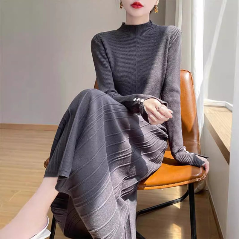 Autumn and Winter Wool Knitted Bottoming dress Womens Solid Color All-Match Long Dress Slim-Fit Pleated Hide Meat with Overcoat Sweater Dress Wine red - Image 2