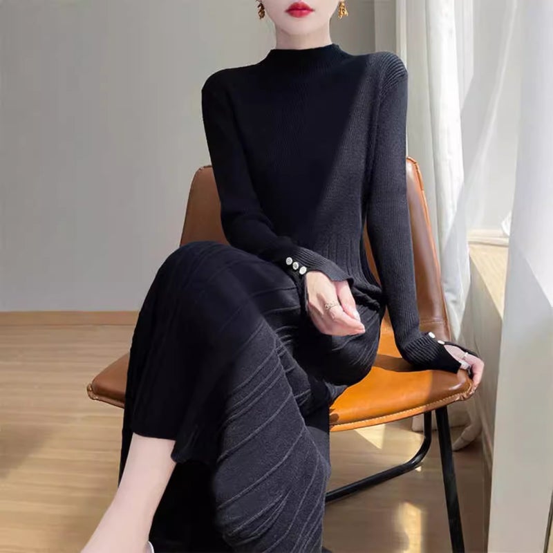 Autumn and Winter Wool Knitted Bottoming dress Womens Solid Color All-Match Long Dress Slim-Fit Pleated Hide Meat with Overcoat Sweater Dress Wine red - Image 1