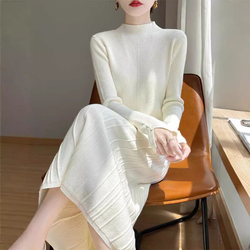 Autumn and Winter Wool Knitted Bottoming dress Womens Solid Color All-Match Long Dress Slim-Fit Pleated Hide Meat with Overcoat Sweater Dress Wine red - Image 4