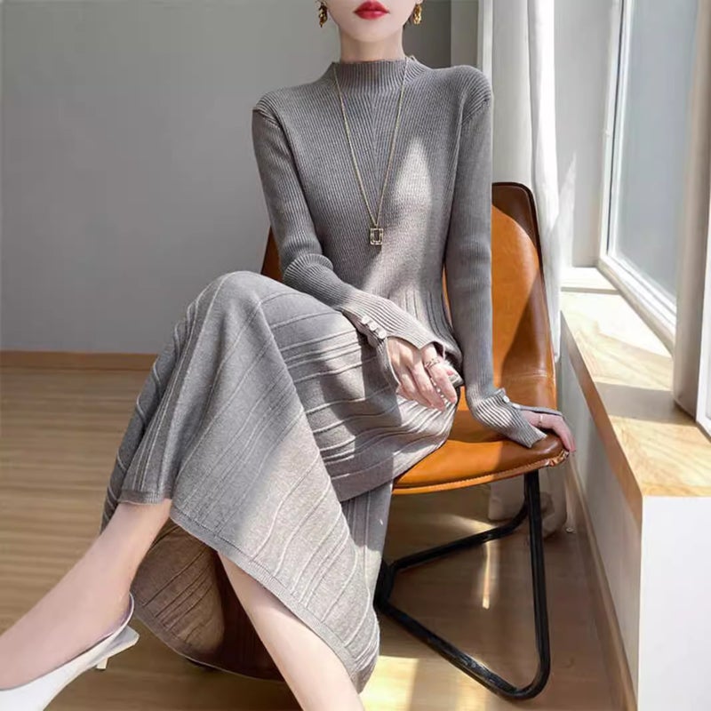 Autumn and Winter Wool Knitted Bottoming dress Womens Solid Color All-Match Long Dress Slim-Fit Pleated Hide Meat with Overcoat Sweater Dress Wine red - Image 5