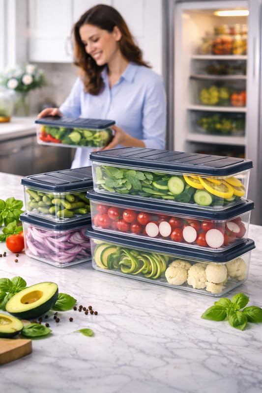 Raawan Fridge Storage Boxes – Stackable Food Storage Containers | Removable Drain Plate & Lid | Durable Fridge Organizer to Keep Food Fresh Longer | Ideal for Fruits, Vegetables | 1200ml Pack of 4 - Image 2