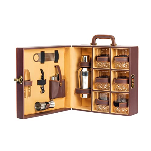 Abrazo Faux Leatherette Portable Bar Set | Portable Bar Set | Leatherette Bar Tool Set | Brown 6 Glass |Cocktail Shaker - Image 1