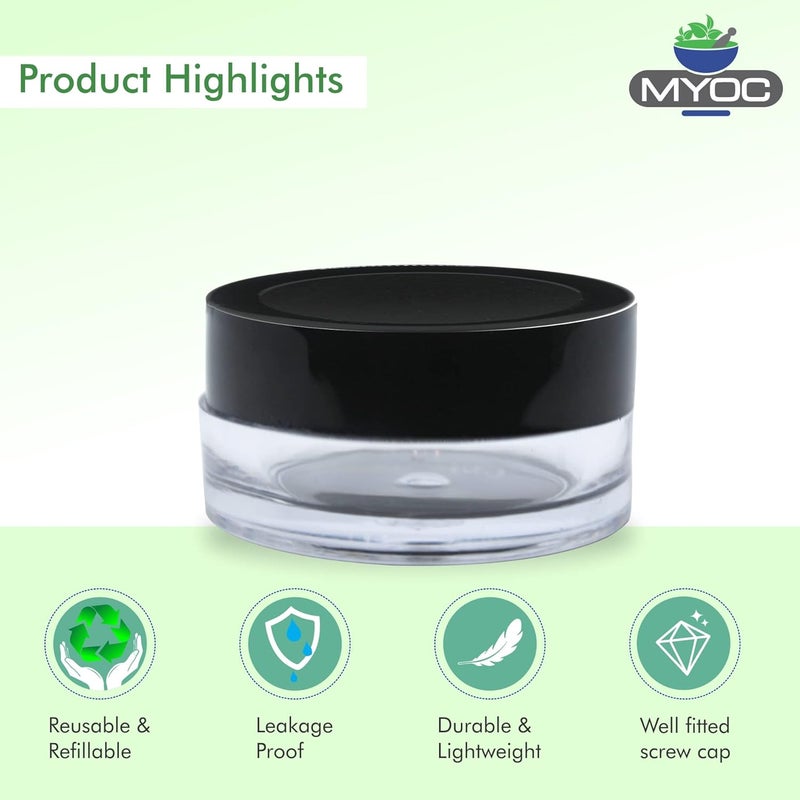 MYOC Empty Transparent Acrylic San Jars with Black Cap & Inner Lid for Lip Balm Scrub, Cream, Eye Shadow, Leakproof Reusable Cosmetic Container for Makeup & DIY Beauty Products- 8gm (Pack of 8) - Image 4