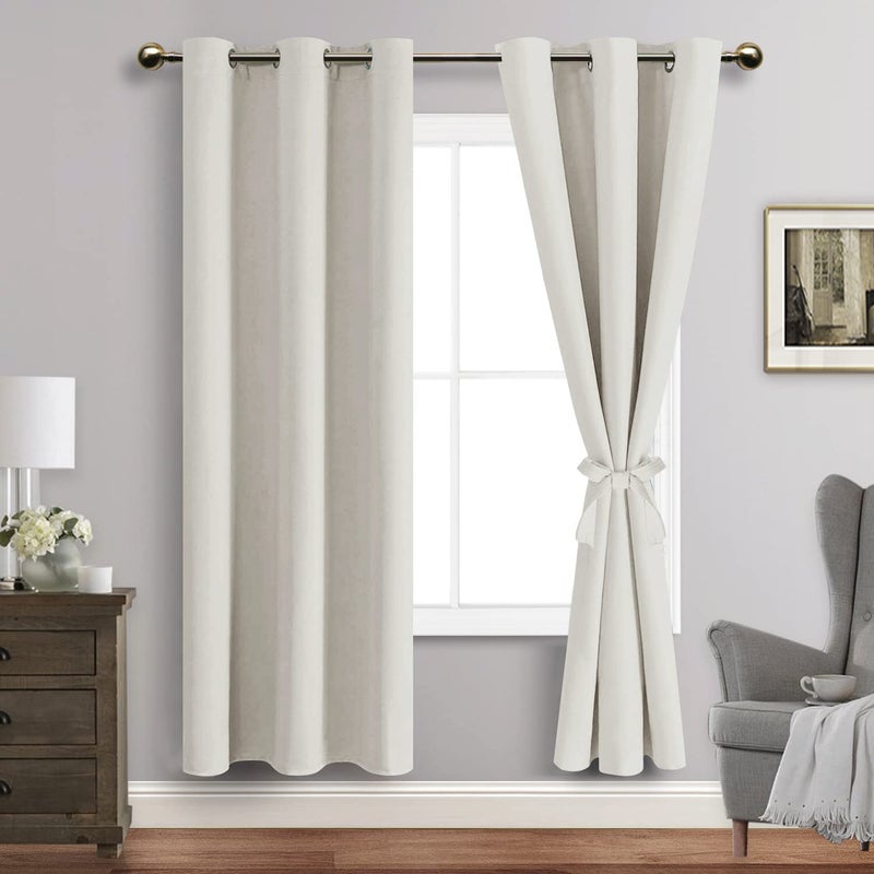 JIUZHEN Ivory Blackout Curtains with Tiebacks - Thermal Insulated  Light Blocking and Noise Reducing Grommet Curtains for Bedroom and Living Room  Set of 2 Window Curtain Panels  42 x 72 Inch Length - Image 1