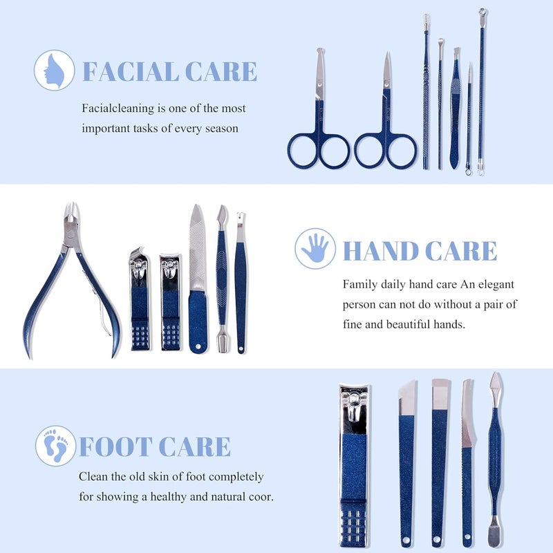 QLNE Manicure Set Pedicure Kit Nail Clippers Set Fingernail Clipper Set Ingrown Toenail Nail Kit Scissor Nail Trimmer Kit 18 Pieces Women and Men’s Care Grooming Tools with Fine Case (Dark Blue_18 Pieces) - Image 2