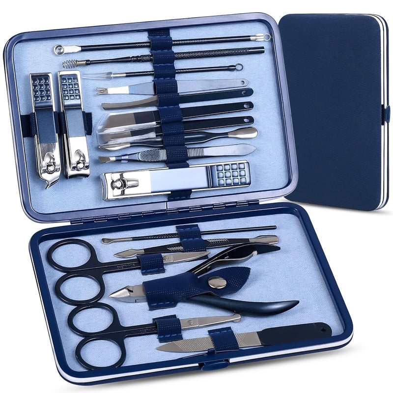 QLNE Manicure Set Pedicure Kit Nail Clippers Set Fingernail Clipper Set Ingrown Toenail Nail Kit Scissor Nail Trimmer Kit 18 Pieces Women and Men’s Care Grooming Tools with Fine Case (Dark Blue_18 Pieces) - Image 1