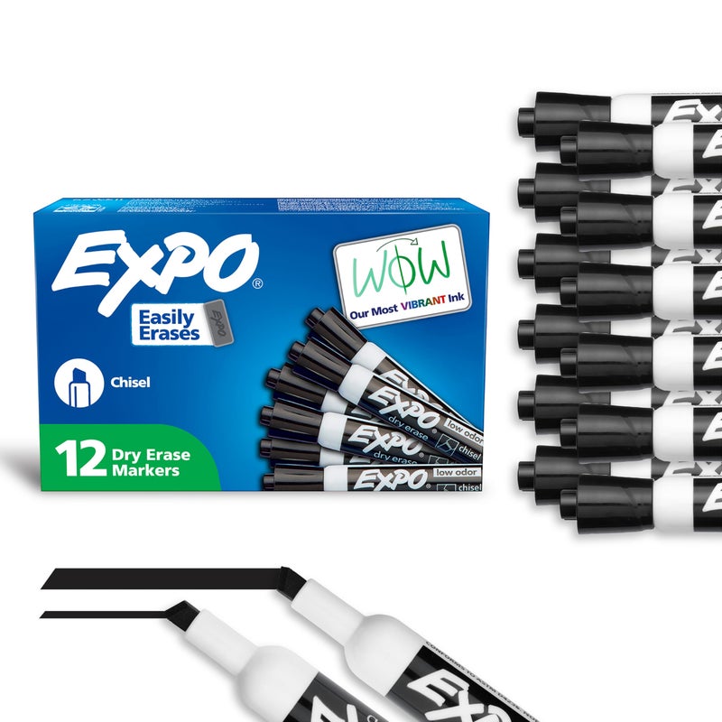 EXPO Dry Erase Markers, Low Odor Ink, Black, Chisel Tip, 12 Count - Whiteboard, Calendar, Organization, Essential Supplies for Office, School, Classroom, Teachers - Image 1