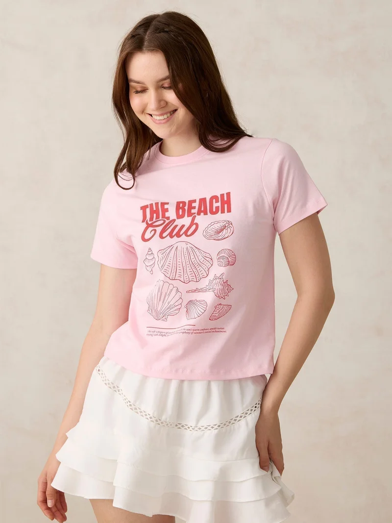 أوجيدر تيشيرت بطبعة وردي بياقة دائرية