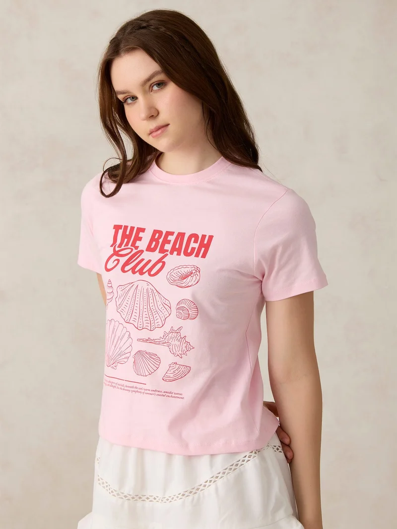 Outzidr  Pink Crew Neck Graphic T-Shirt for Women | Best Price UAE