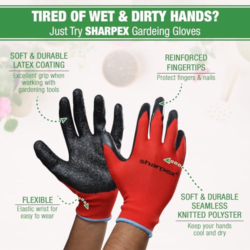 Sharpex Heavy Duty Gardening Hand Gloves for Home Garden | Breathable Latex Coated Safety Gloves for Farming, Weeding, Planting, Picking fruits, and Multipurpose Outdoor Work (2 Pair, Red and Black) - Image 2