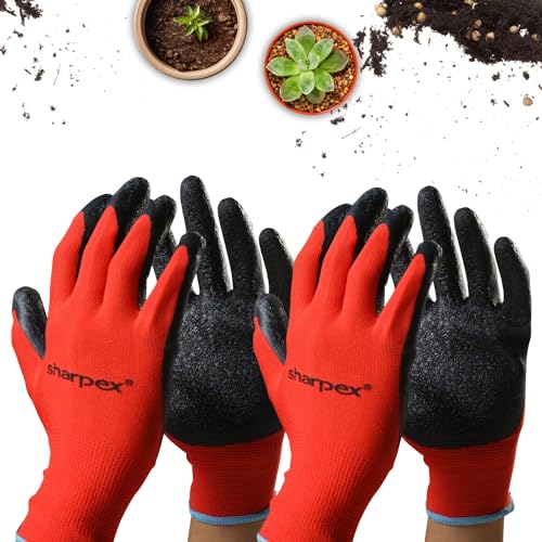 Sharpex Heavy Duty Gardening Hand Gloves for Home Garden | Breathable Latex Coated Safety Gloves for Farming, Weeding, Planting, Picking fruits, and Multipurpose Outdoor Work (2 Pair, Red and Black) - Image 1