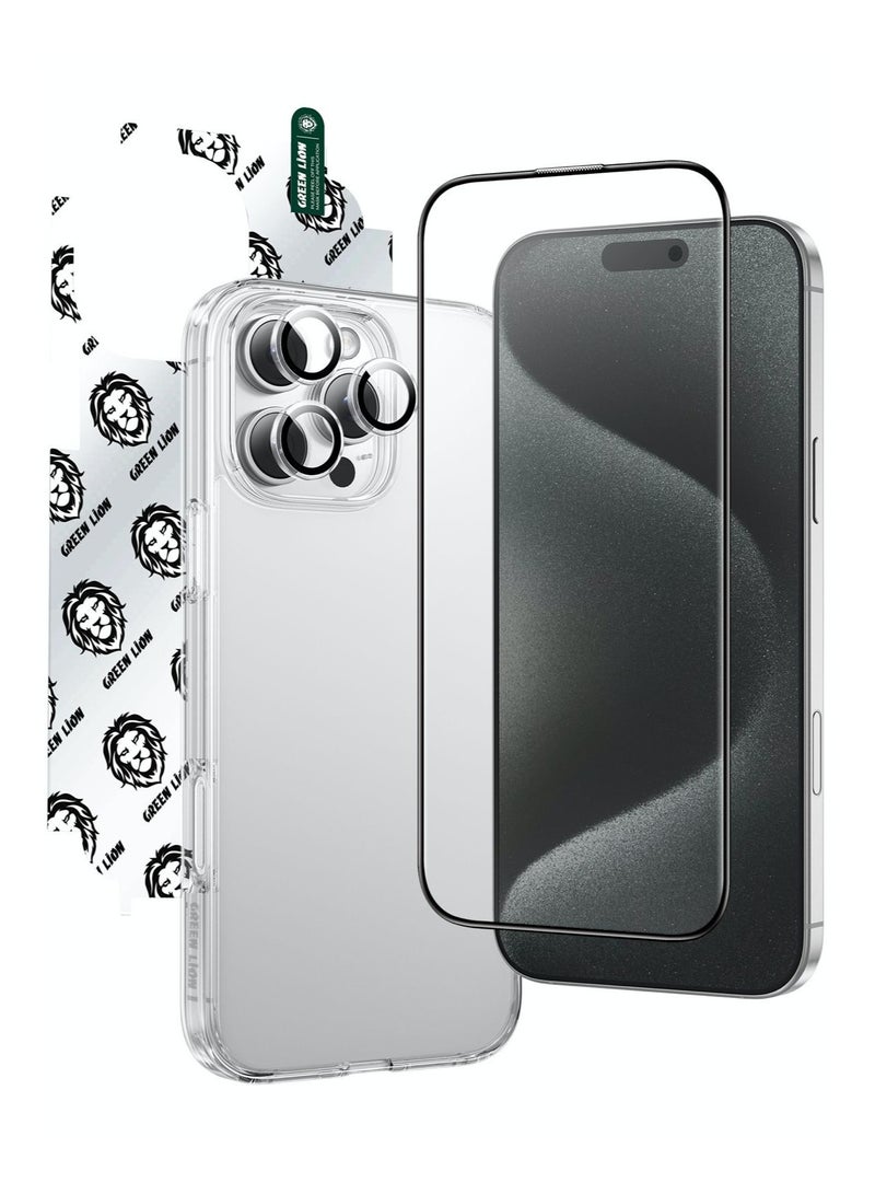 GREEN LION 4 In 1 Defender Pack for iPhone 16 Pro / Anti-Shock Case / Crystal Clear / 360°Comprehensive Protection / Anti-Yellowing / Nano HD Full Protection / High Quality / Camera Lens Film / HD Anti-Reflection / Maximum Protection / Anti Fingerprint & Scratch / 3D Pet HD Glass / Durable / HD Clarity / Anti-Broken Edges - Clear  - Image 1