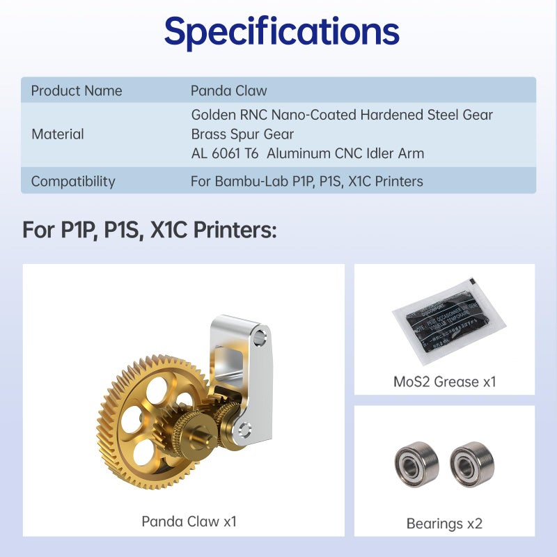 BIQU Panda Claw Upgraded Extruder Brass Gear Compatible with Bambu-Lab P1P/P1S/X1C/X1E 3D Printers, Golden RNC Nano Coating Hardened Tool Steel Extruder Gear - Image 5