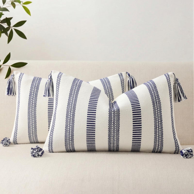 Smile Bee Boho Outdoor Couch Throw Pillow Covers Set of 2, Decorative Lumbar Thick Woven Striped Accent Neutral Pillow Covers with Tassels for Bed Sofa Home Decor, 12x20 Inch, Black and Cream White - Image 1