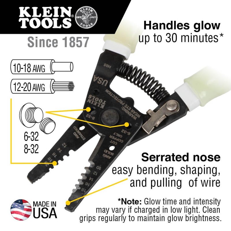 Klein Tools 11055GLW Wire Stripper / Cutter, Made in USA, Klein-Kurve Stripper / Cutter, 10-18 AWG Solid, 12-20 AWG Stranded Wire, Glow in the Dark Grips - Image 2
