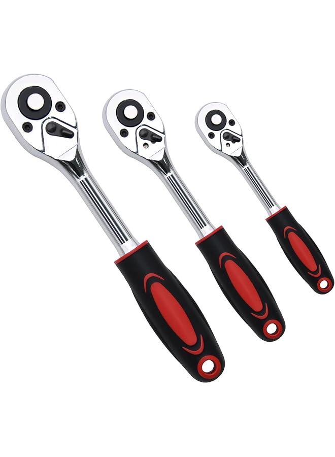 promass 3-Piece Quick Release Ratchet Wrench Set, 1/4", 3/8", 1/2" Drive, 24 Tooth Socket Wrench, Chrome Vanadium Steel, Box End, Ratchet Wrench Set - Image 1
