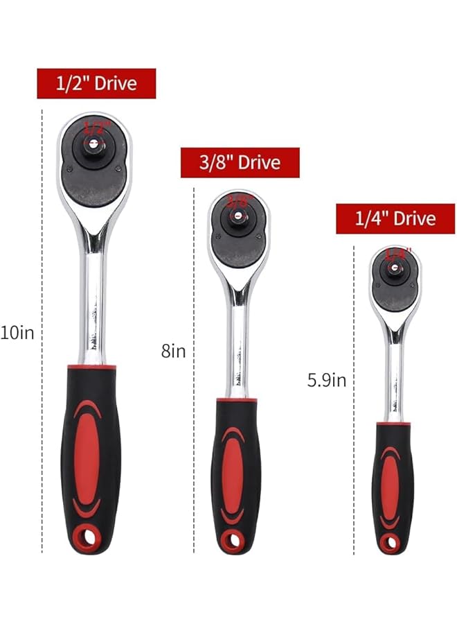 promass 3-Piece Quick Release Ratchet Wrench Set, 1/4", 3/8", 1/2" Drive, 24 Tooth Socket Wrench, Chrome Vanadium Steel, Box End, Ratchet Wrench Set - Image 3