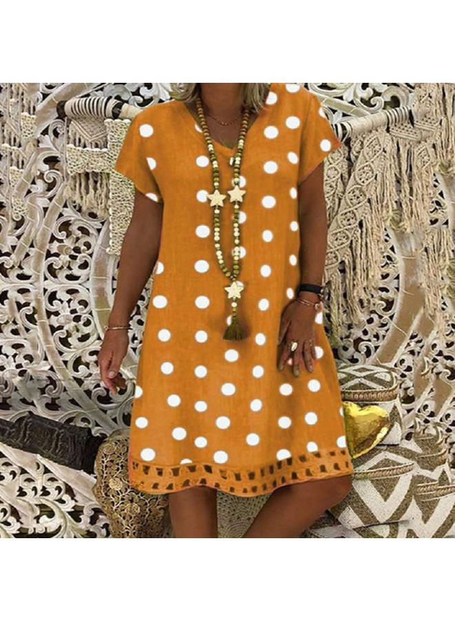 Spring And Summer New European And American Women's Dress Fashion Pollae Short Sleeve V-neck Printed Skirt
