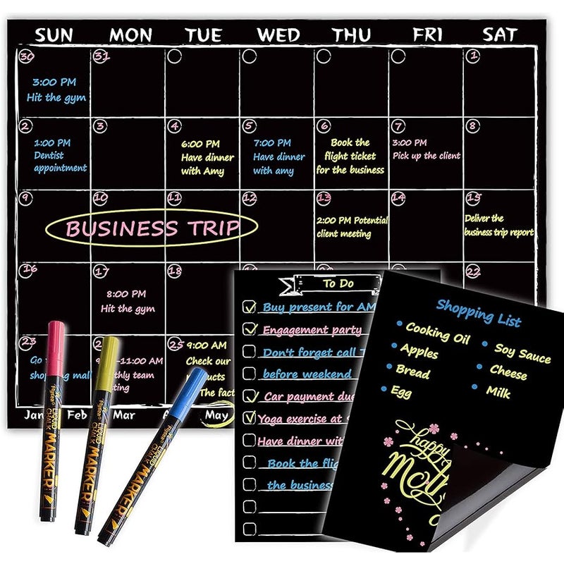 JJPRO Magnetic Chalkboard Monthly Calendar with neon Bright Liquid Chalk Markers – Black Refrigerator Monthly Planning Board w/Bonus - Grocery List and Notepad for Kitchen Refrigerator - Image 1