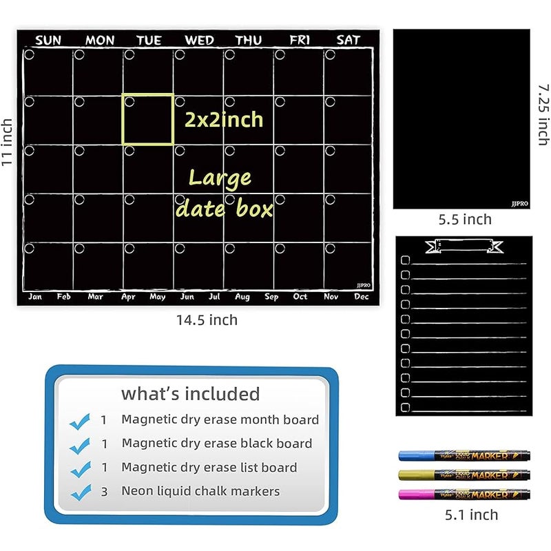 JJPRO Magnetic Chalkboard Monthly Calendar with neon Bright Liquid Chalk Markers – Black Refrigerator Monthly Planning Board w/Bonus - Grocery List and Notepad for Kitchen Refrigerator - Image 2