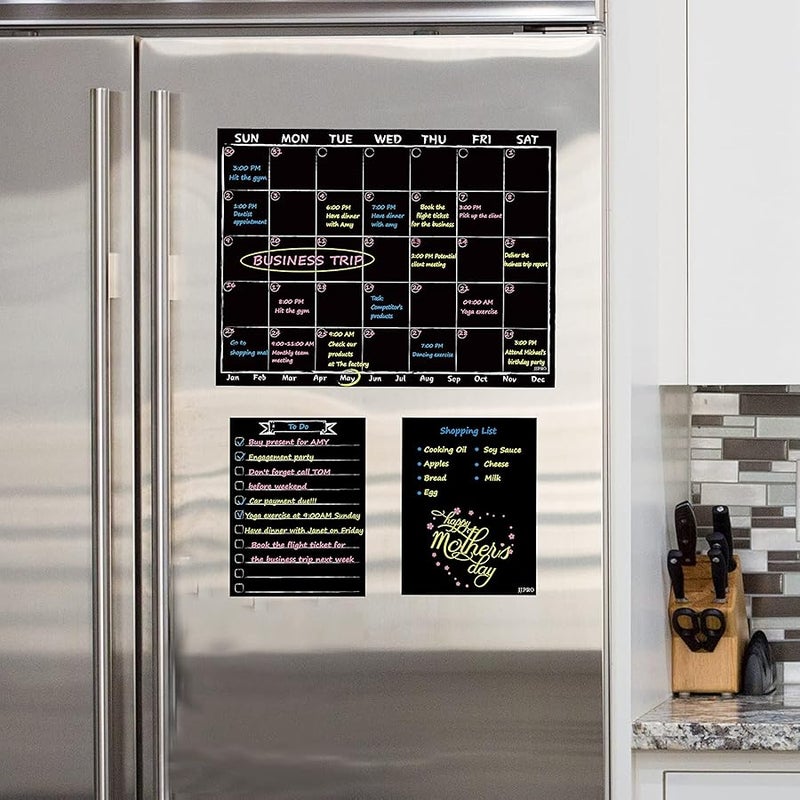 JJPRO Magnetic Chalkboard Monthly Calendar with neon Bright Liquid Chalk Markers – Black Refrigerator Monthly Planning Board w/Bonus - Grocery List and Notepad for Kitchen Refrigerator - Image 5
