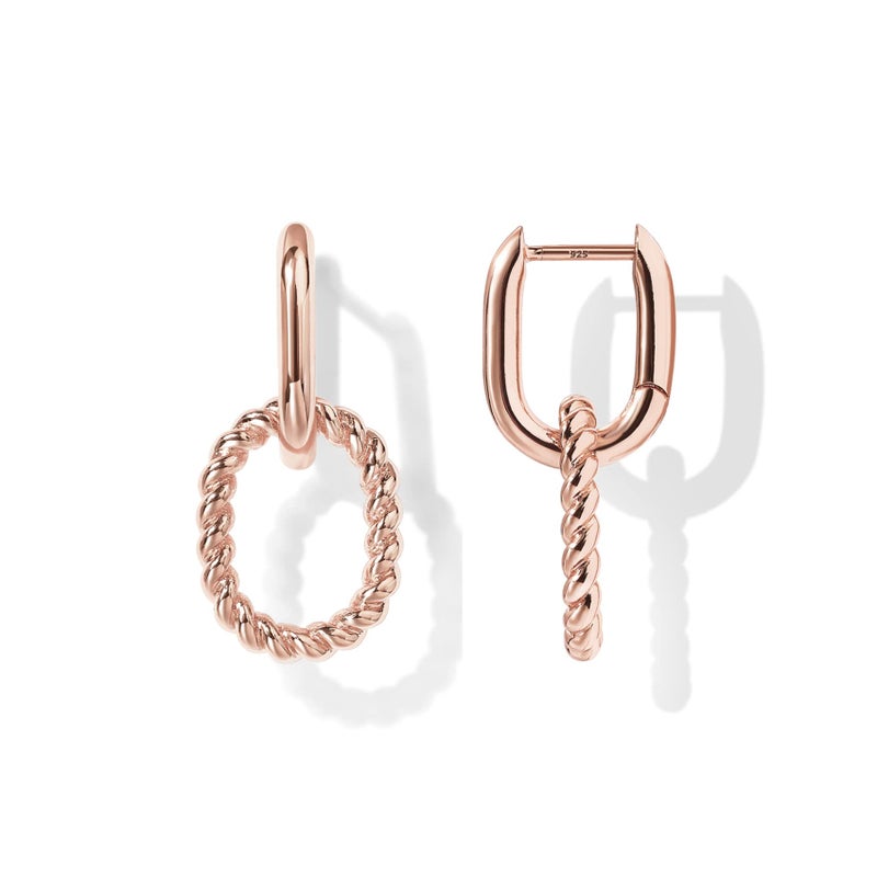 PAVOI 14K Rose Gold Plated Convertible Twisted Rope and Plain Paperclip Link Earrings for Women - Braided Drop Dangle Huggie Hoop Earrings - Image 1
