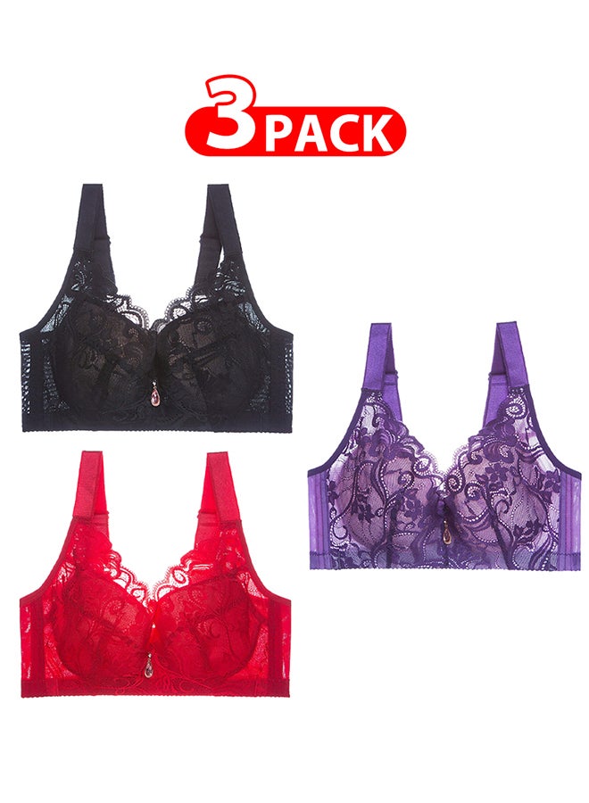 MARGOUN 3 Pack For Women's Large Size Lace Bra Wide Straps Wireless Bralettes with Full Cup Pads Bras for Ladys Women 40/90 Dark Purple/ Black/ Red - Image 1