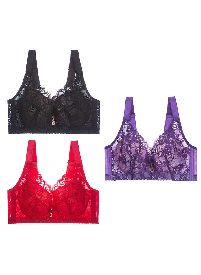 MARGOUN 3 Pack For Women's Large Size Lace Bra Wide Straps Wireless Bralettes with Full Cup Pads Bras for Ladys Women 40/90 Dark Purple/ Black/ Red - Image 2