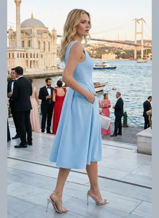 ليلا Lela Regular Fit Crew Neck Pocketed Pleated Midi Length Evening Dress Women's Dress 6111963