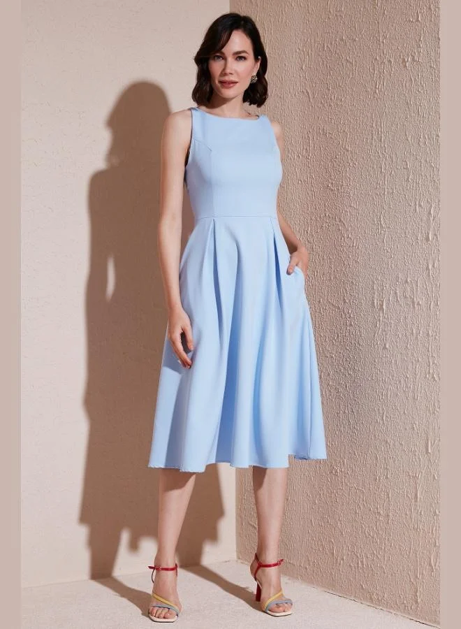 ليلا Lela Regular Fit Crew Neck Pocketed Pleated Midi Length Evening Dress Women's Dress 6111963