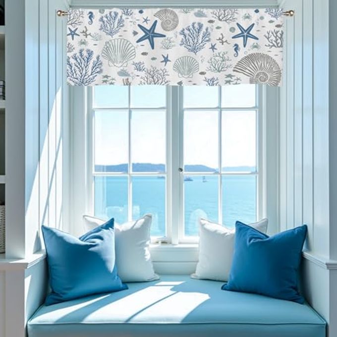 SIOQCKIS Coastal Valances for Windows, Summer Nautical Valances for Windows, Blue Seaside Valance Curtains Ocean Starfish Shell Kitchen Window Decor Conch Coral Living Room Bedroom Bathroom 51x18in - Image 2