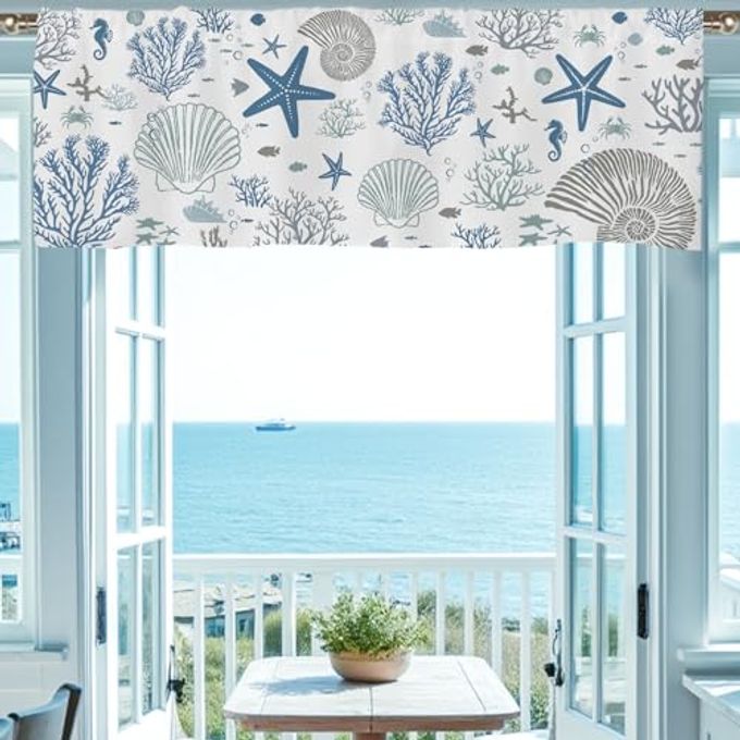 SIOQCKIS Coastal Valances for Windows, Summer Nautical Valances for Windows, Blue Seaside Valance Curtains Ocean Starfish Shell Kitchen Window Decor Conch Coral Living Room Bedroom Bathroom 51x18in - Image 1