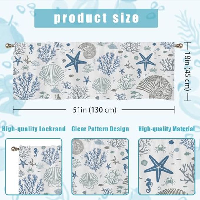 SIOQCKIS Coastal Valances for Windows, Summer Nautical Valances for Windows, Blue Seaside Valance Curtains Ocean Starfish Shell Kitchen Window Decor Conch Coral Living Room Bedroom Bathroom 51x18in - Image 3