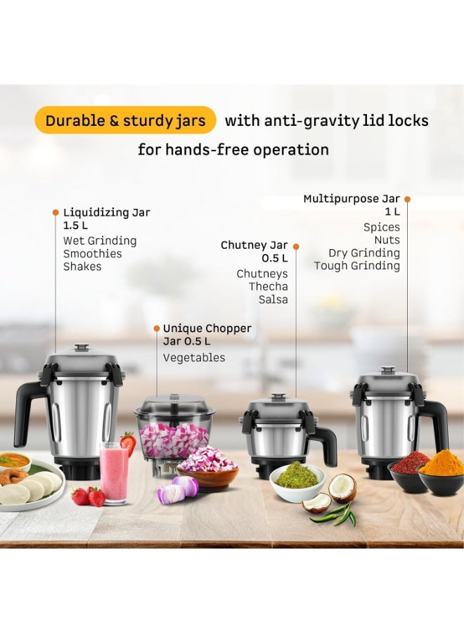 Atomberg Zenova Mixer Grinder | Unique Coarse Mode for Silbatta-like Texture | Intelligent BLDC Motor | Safety Features | 4 Jars including Chopper | Hands-Free Operation (Sand Grey) - Image 4