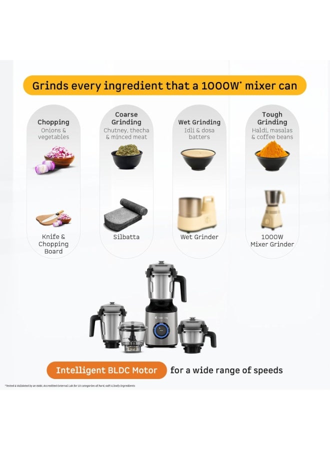 Atomberg Zenova Mixer Grinder | Unique Coarse Mode for Silbatta-like Texture | Intelligent BLDC Motor | Safety Features | 4 Jars including Chopper | Hands-Free Operation (Sand Grey) - Image 5