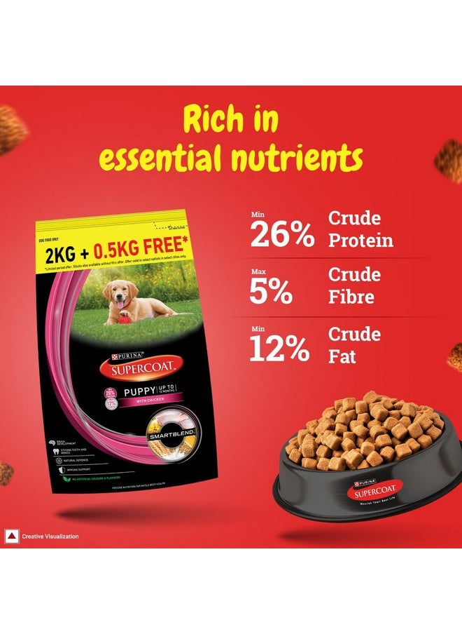 PURINA - Supercoat Puppy Dry Dog Food, Up To 12 Months, 2Kg + 0.5Kg Free Bag, With Chicken, Smart Blend Precise Nutrition For Whole Body Health, No Artificial Colours & Flavours - Image 1