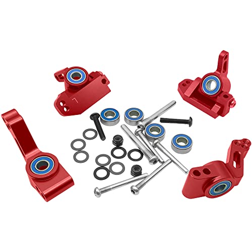 OGUNKE RC Aluminum Front Caster BlockSteering Blocks and Rear Stub Axle Carriers kit with Ball Bearings Upgrade Parts for 110 Traxxas 2WD Slash Stampede Rustler Replace 3632 3736 3752 Red - Image 1
