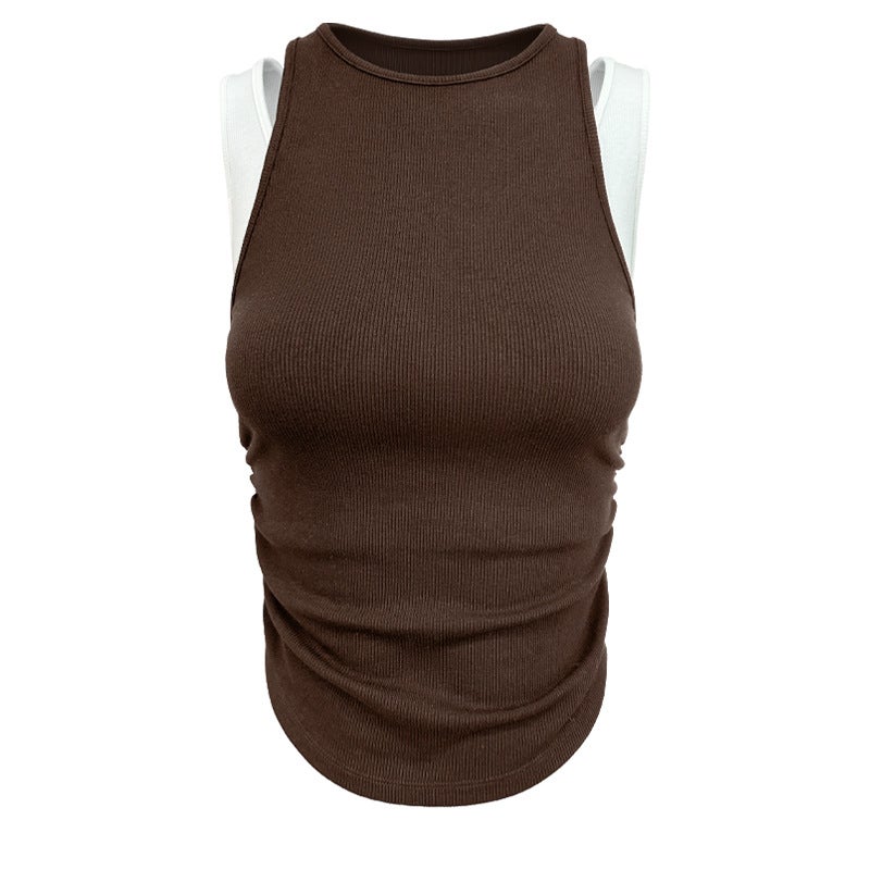 Generic New Womens Slim Yoga Sports Set High Neck Pleated Elastic Vest Coffee white vest