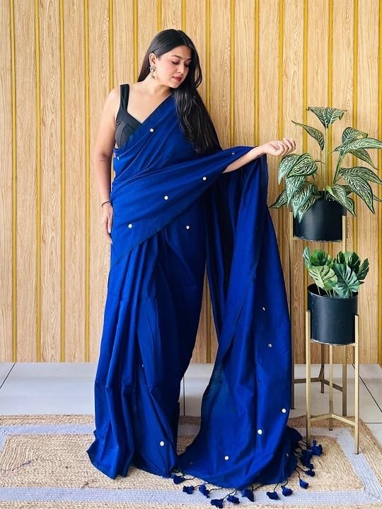 SGF11 Women's Cotton Soft Silk Mirror Work Saree With Unstitched Blouse Piece (Royal Blue) - Image 4