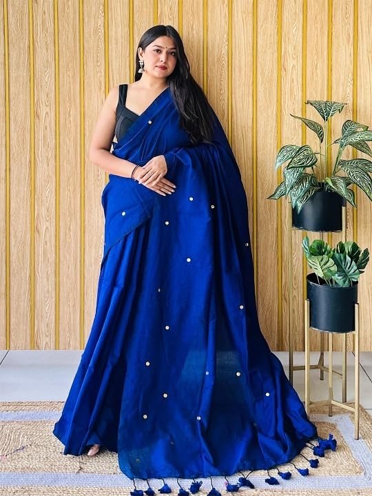 SGF11 Women's Cotton Soft Silk Mirror Work Saree With Unstitched Blouse Piece (Royal Blue) - Image 2