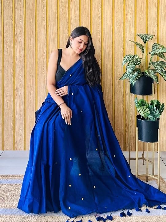 SGF11 Women's Cotton Soft Silk Mirror Work Saree With Unstitched Blouse Piece (Royal Blue) - Image 3