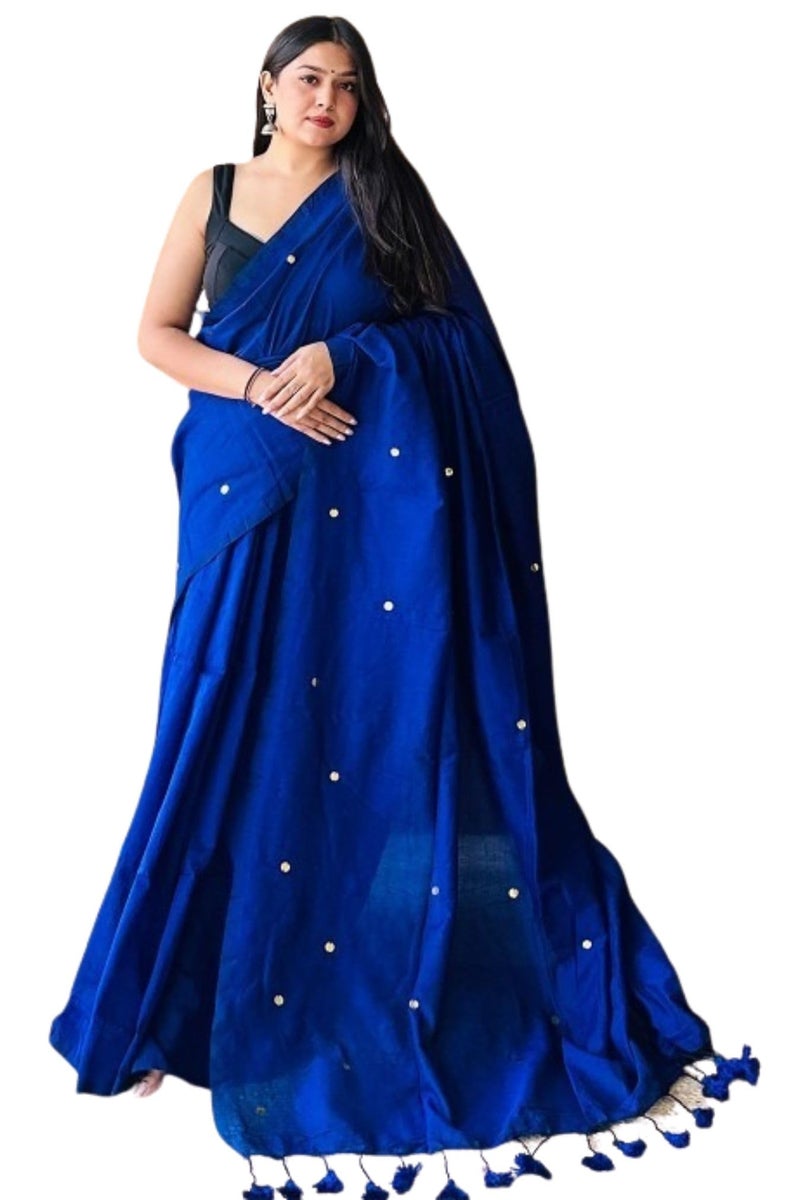 SGF11 Women's Cotton Soft Silk Mirror Work Saree With Unstitched Blouse Piece (Royal Blue) - Image 1