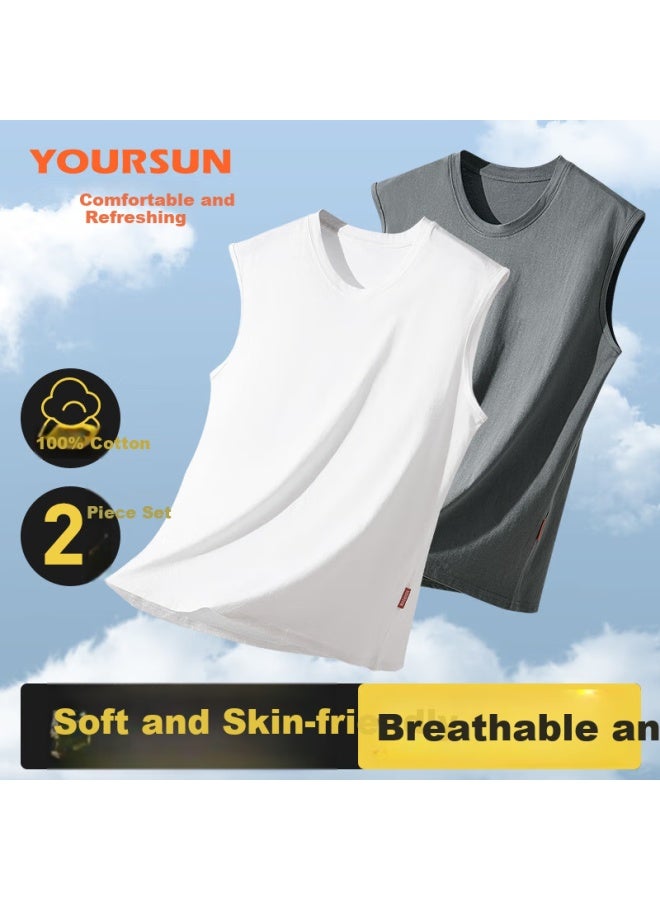 Your Sun Cool And Comfortable 100% Cotton Men's Tank Top Summer Thin Round Neck Sleeveless Undershirt Wide Shoulder T-shirt Pack Of 2 - Image 1