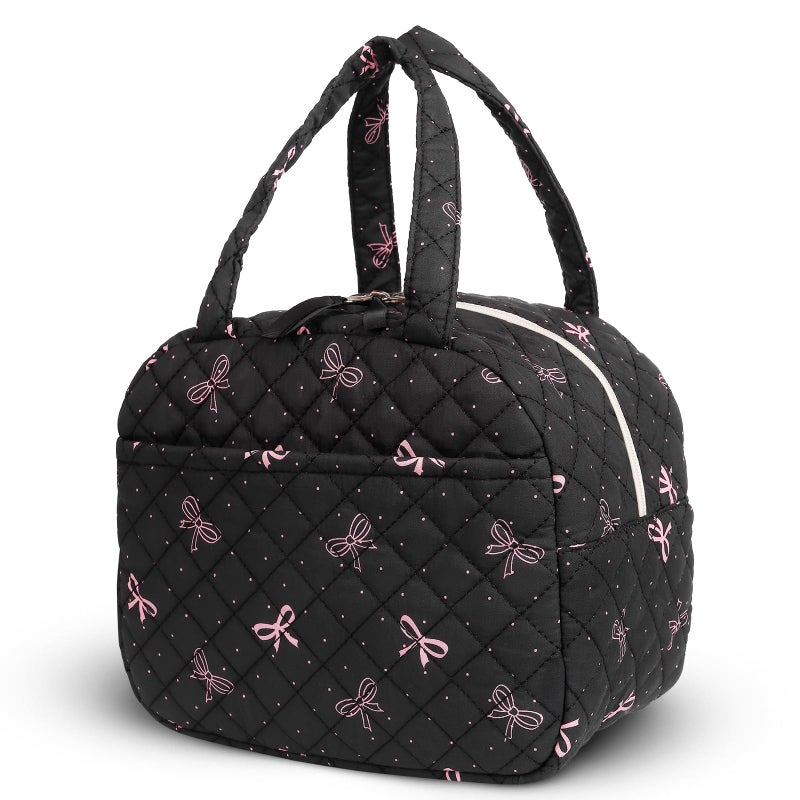 WOBAGMEN Quilted Lunch Box for Women,Lunch Box for Teen Girls,Cute Floral Lunch Bags for Work, School,Office,Picnic,Travel (black bow polka dots) - Image 1