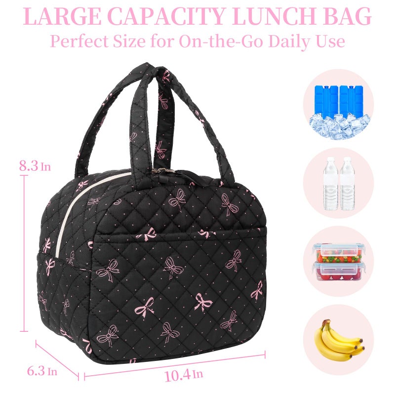 WOBAGMEN Quilted Lunch Box for Women,Lunch Box for Teen Girls,Cute Floral Lunch Bags for Work, School,Office,Picnic,Travel (black bow polka dots) - Image 2