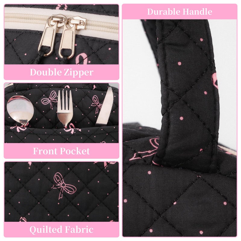 WOBAGMEN Quilted Lunch Box for Women,Lunch Box for Teen Girls,Cute Floral Lunch Bags for Work, School,Office,Picnic,Travel (black bow polka dots) - Image 3