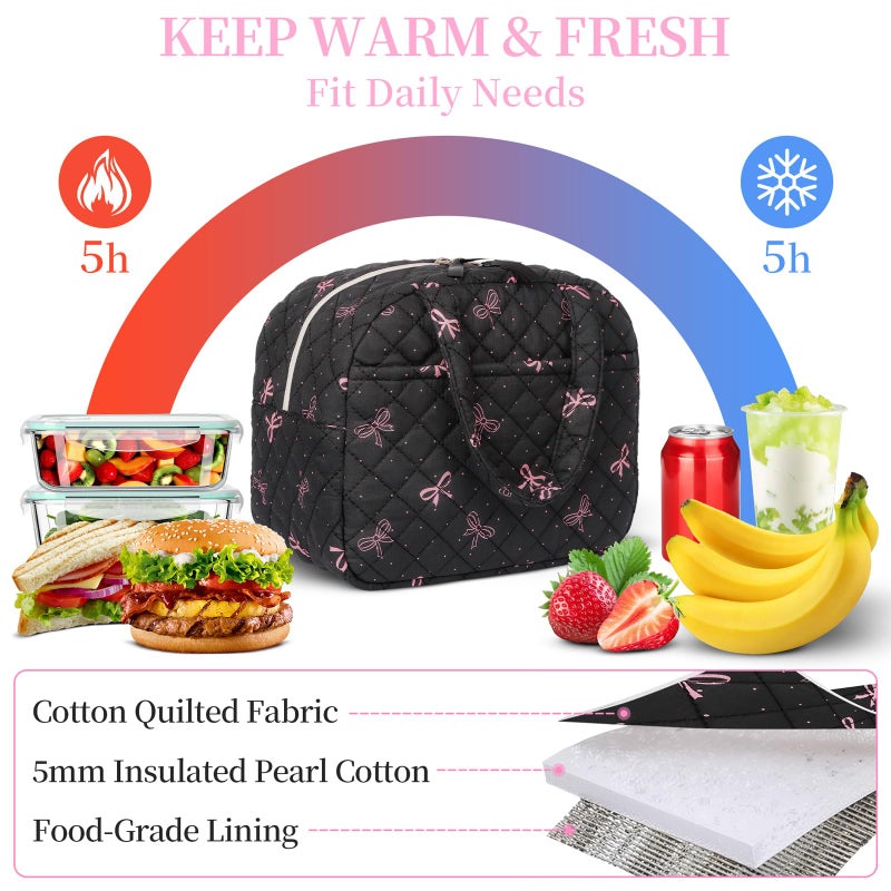 WOBAGMEN Quilted Lunch Box for Women,Lunch Box for Teen Girls,Cute Floral Lunch Bags for Work, School,Office,Picnic,Travel (black bow polka dots) - Image 5