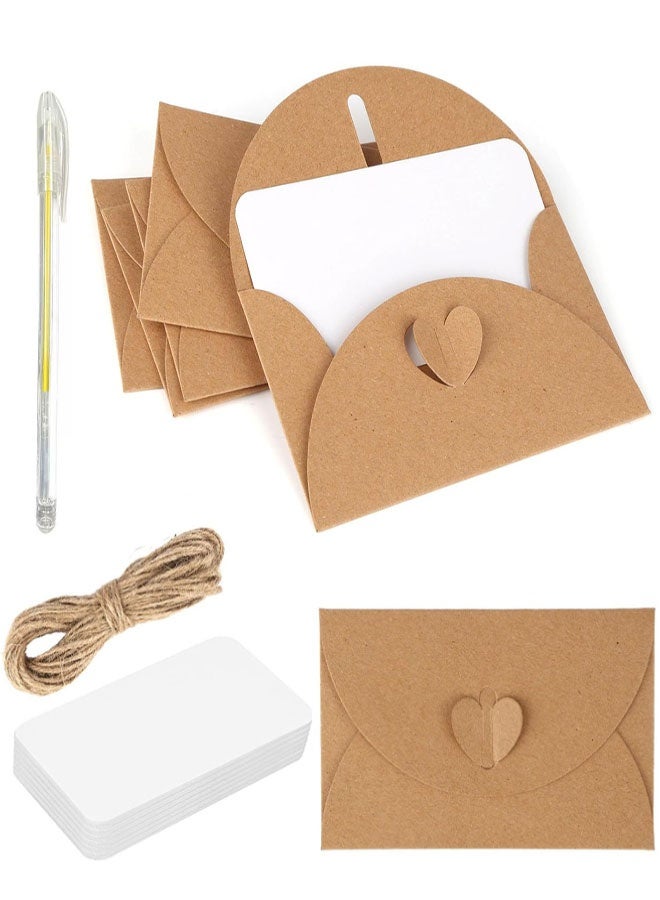 20 قطعة من الأظرف الصغيرة، أظرف من ورق الكرافت مقاس 10 × 6 سم مع إغلاق على شكل قلب، أظرف بطاقات هدايا مع بطاقات فارغة، حبال من القنب وأقلام لبطاقات المعايدة، بطاقات هدايا، دعوات حفلات، بطاقات شكر DIY - Image 1